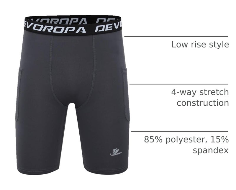 DEVOROPA Youth Boys' Compression Shorts Performance Athletic Base Layers Workout Training Underwear Side Pocket Black/Gray M (Pack of 2) - Image 4
